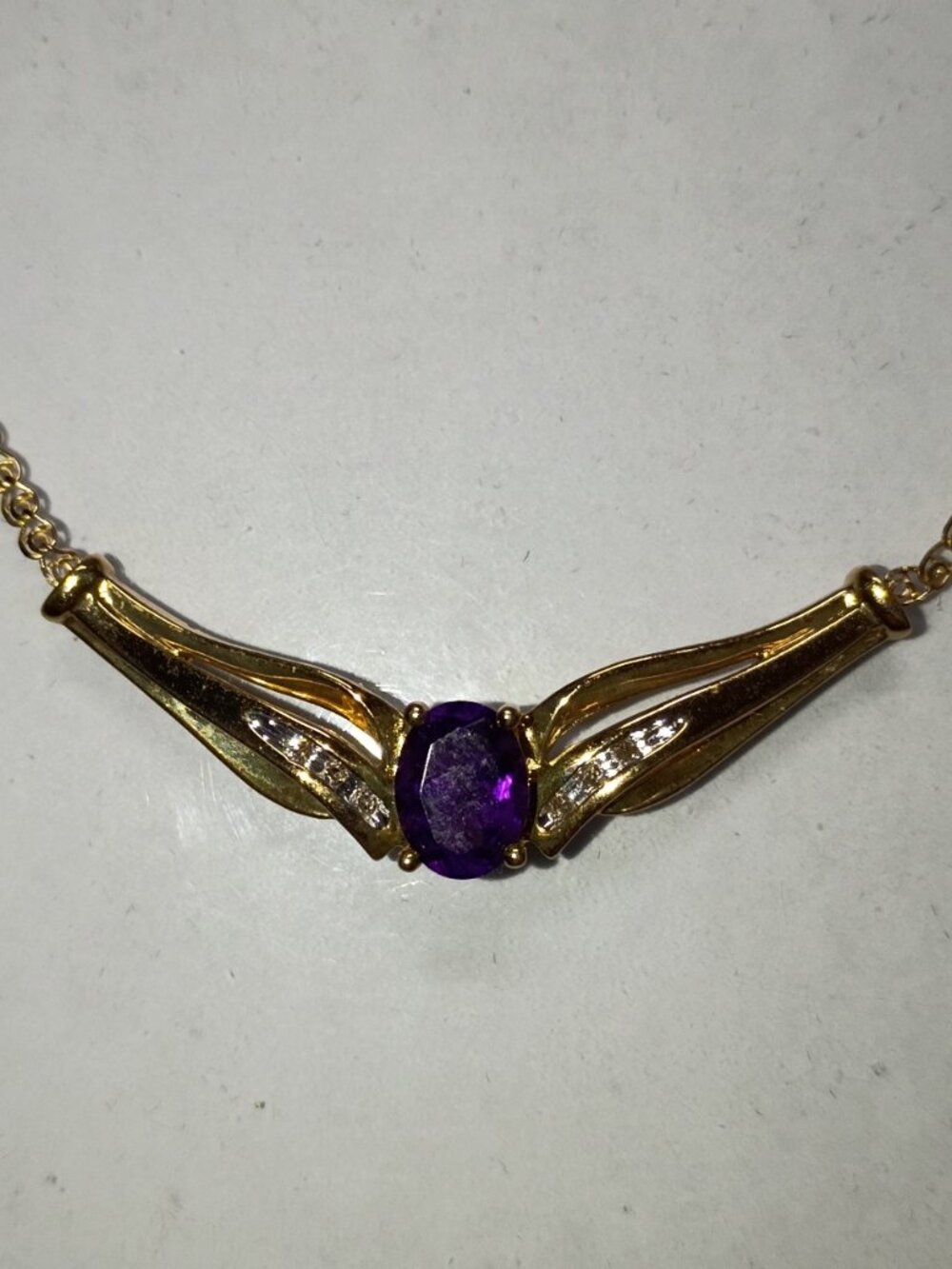 10Kt Yellow Gold Amethyst & Diamond-Accent Chevron Necklace